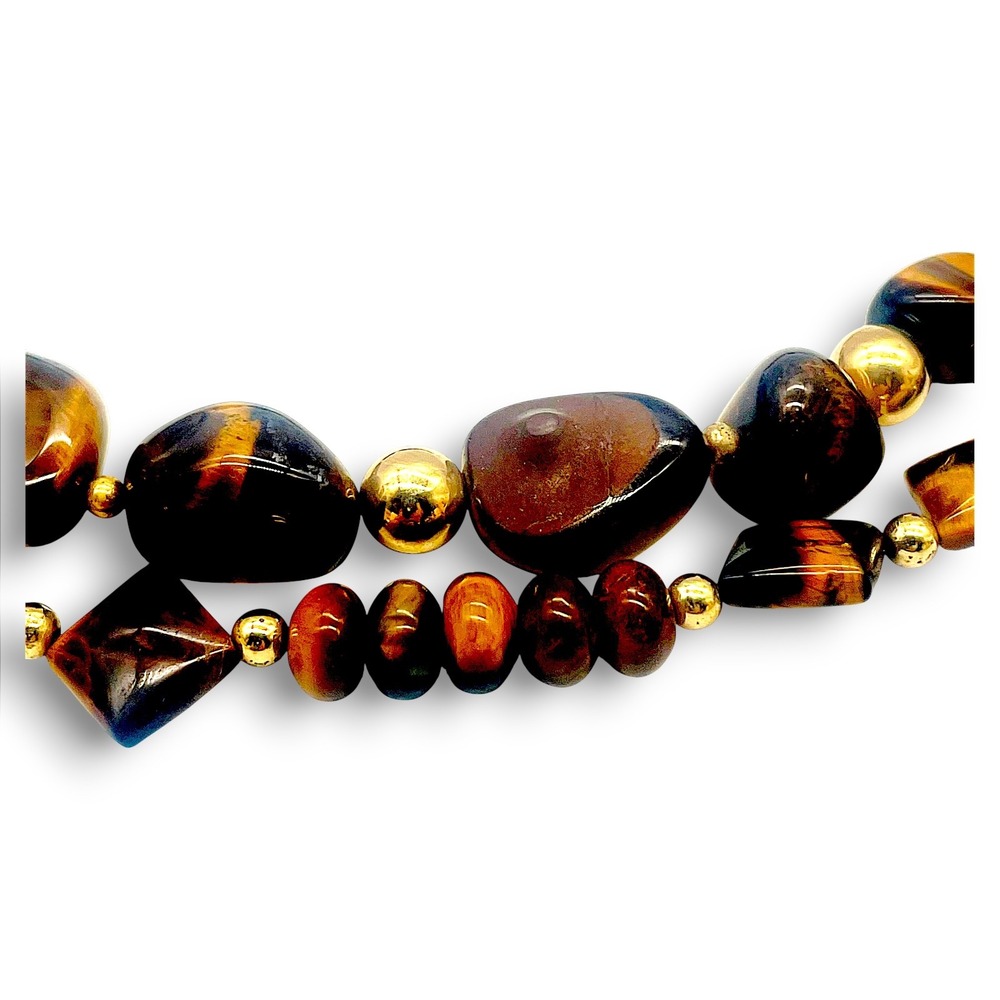 Unbranded Tiger's Eye Double Strand Beaded Necklace OS Brown Gold Tones - Picture 2 of 3